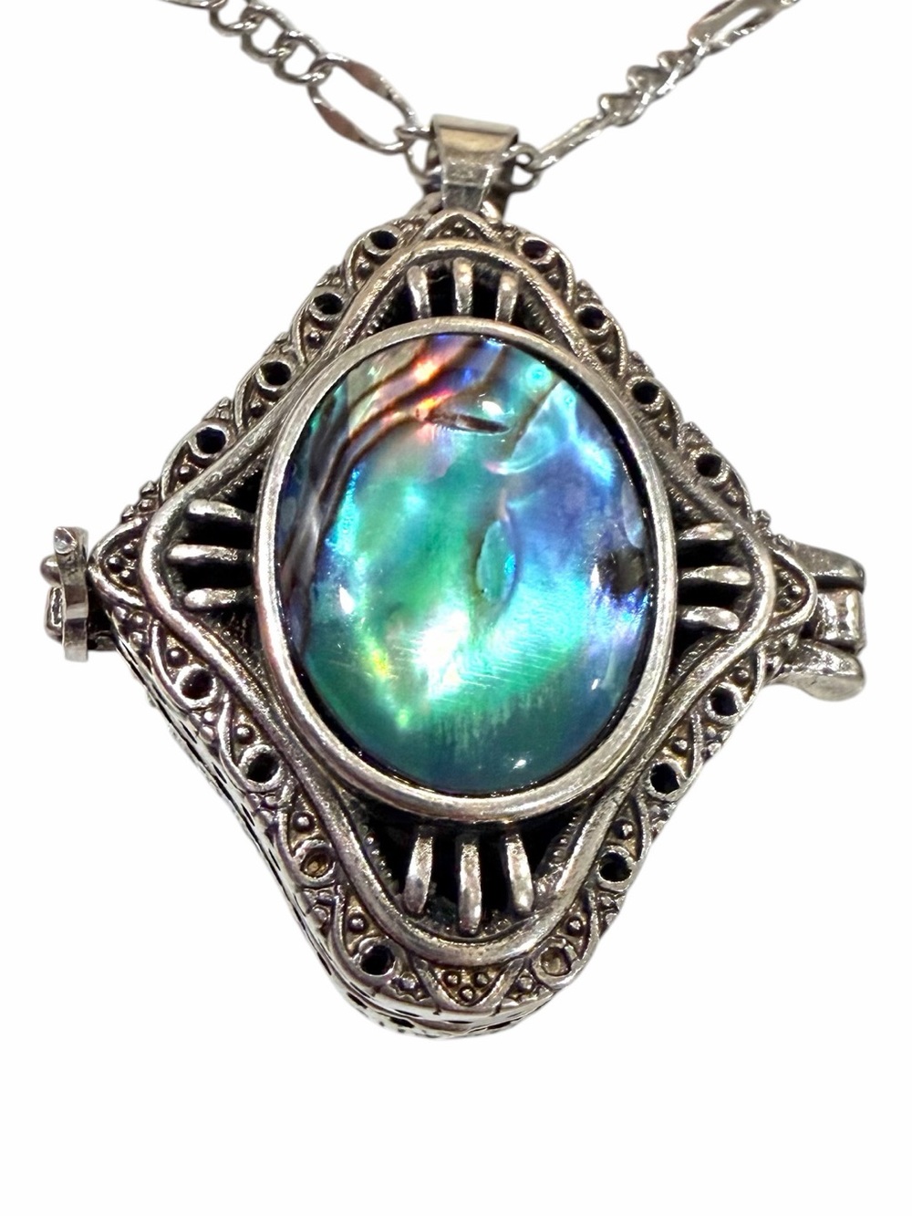 Sterling-Style Silver Poison Pendant Necklace with Iridescent Blue-Green Stone